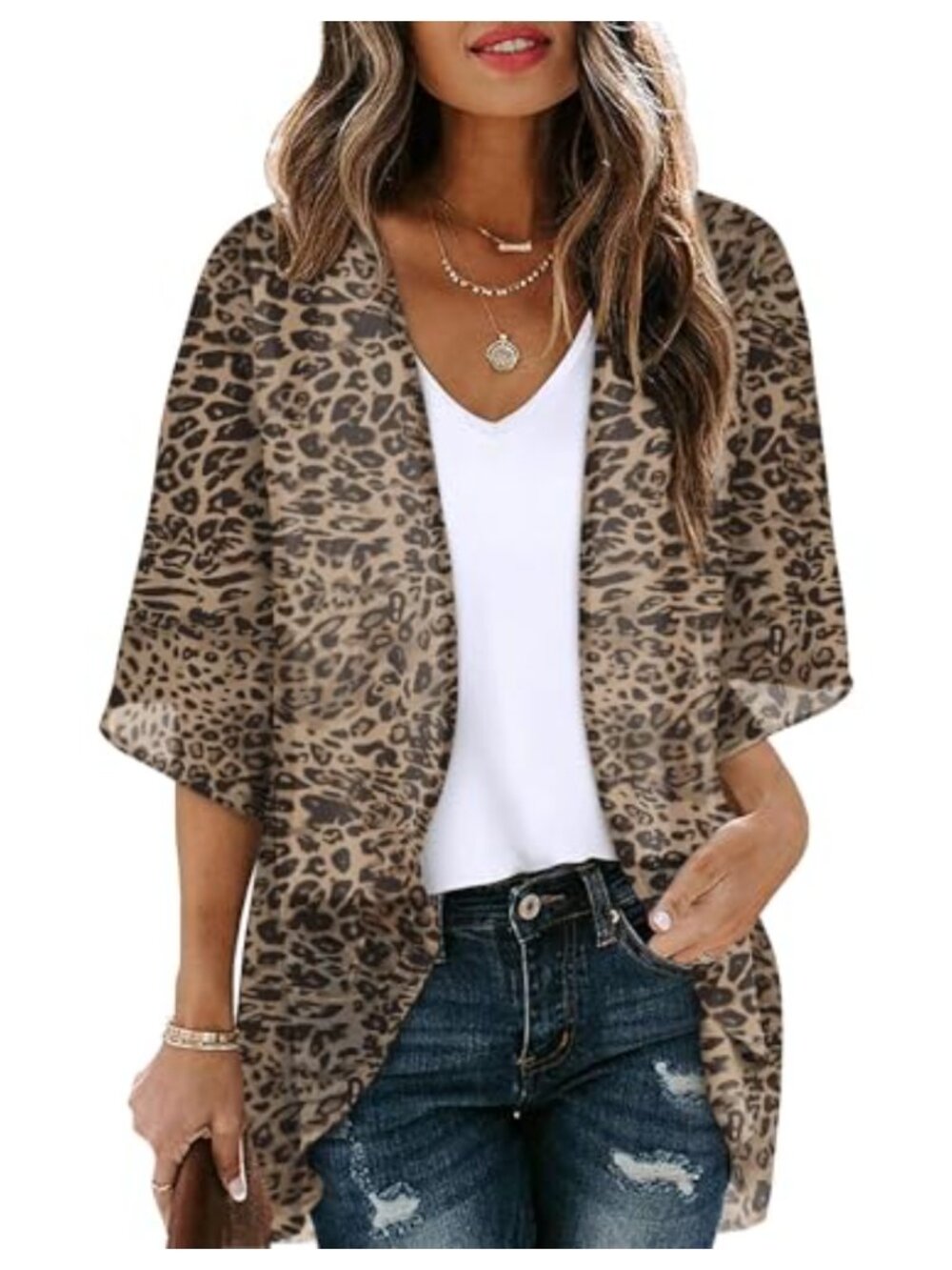 Women 3/4 Sleeve Open Front Sheer Beach Cover Up Cardigan Blouse